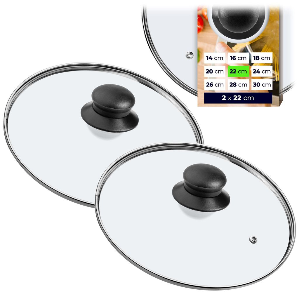 Two glass pot lids with black handles are shown, with a marketing graphic in the upper right corner displaying various sizes.