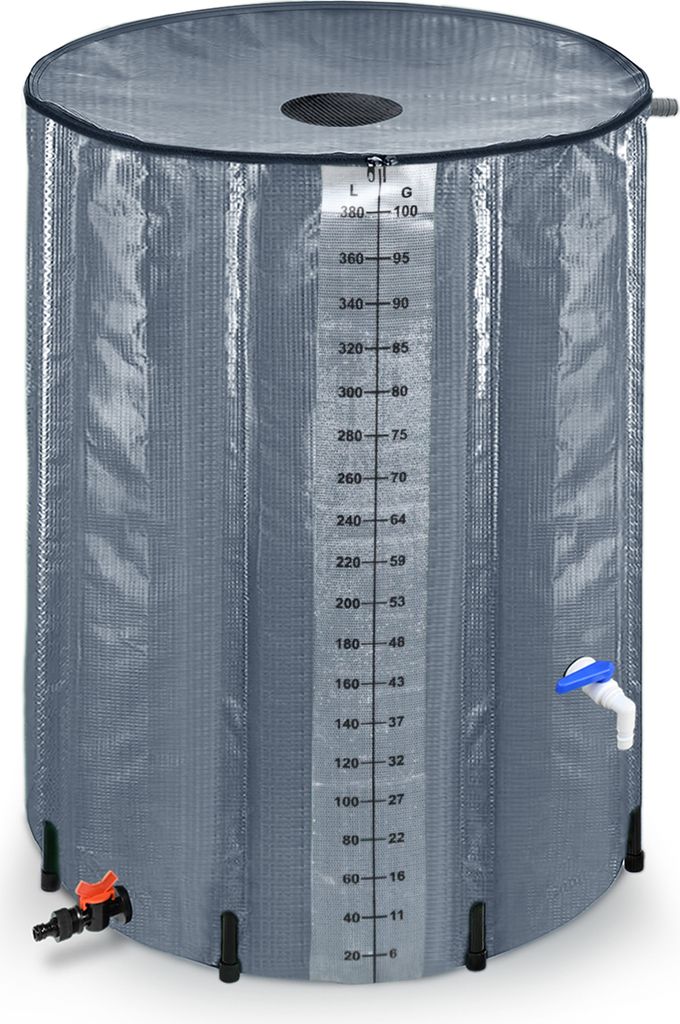 UISEBRT 380 Liter Faltbare Regentonne Regenwassertank Regenwassertonne mit Abflussventil und zusätzliche Skala für präzise Wasserstands, Anthrazit