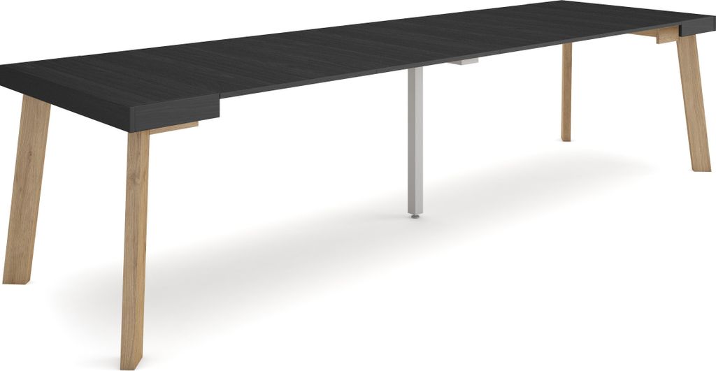 Ausziehbarertisch, 302x90x73cm, Für 14 Gäste, Hölzerne Beine, Schwarz