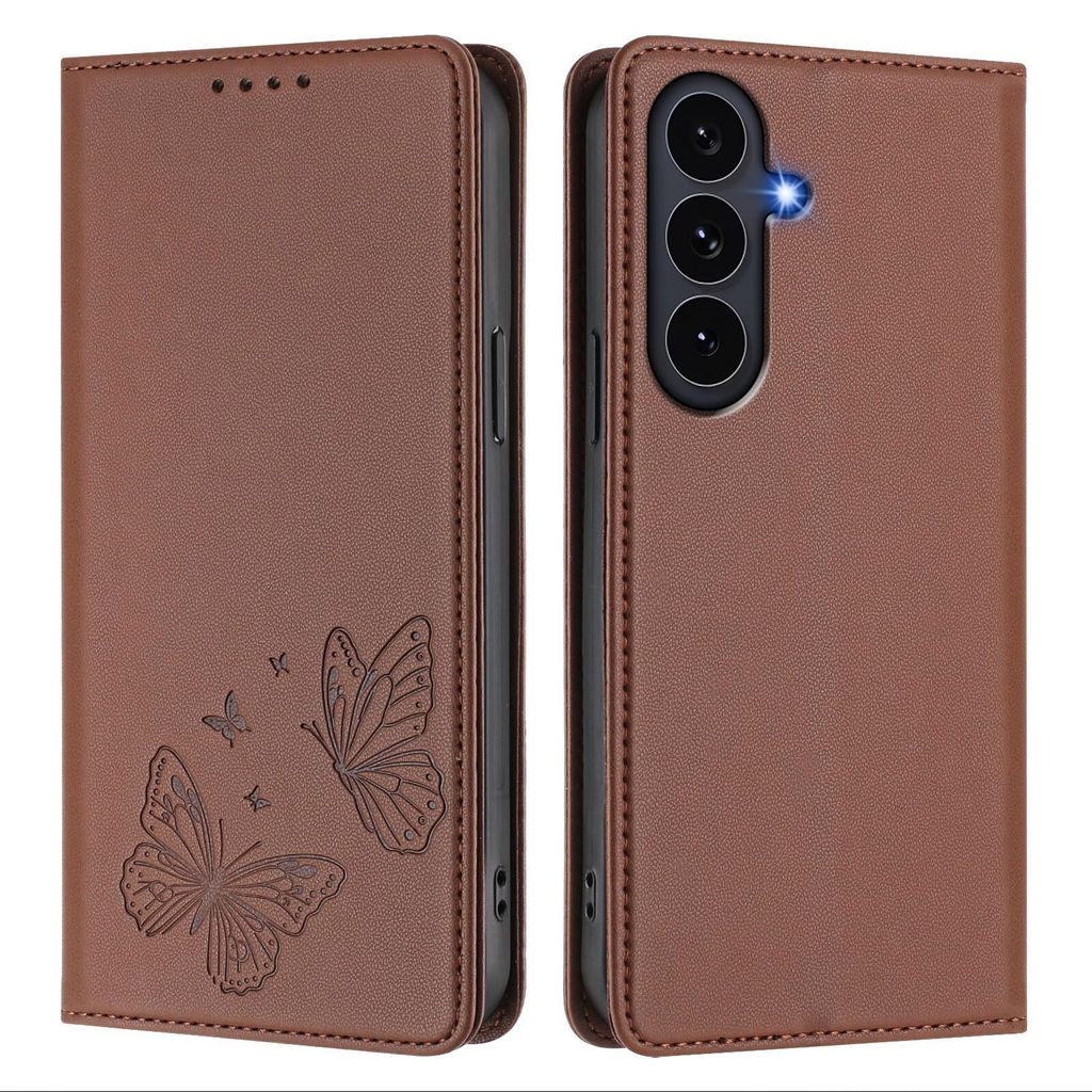 Lederhülle für Samsung Galaxy S25 FE, Schmetterling Prägung Leder Brieftasche Schutzhülle mit Ständer Braun