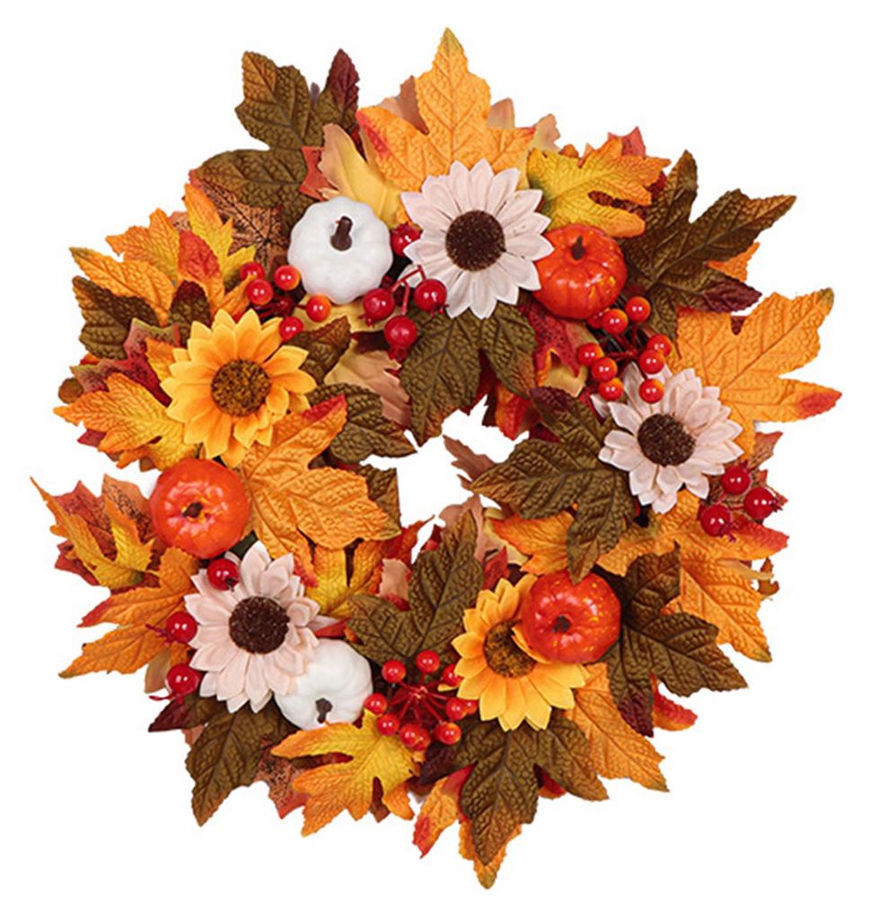 Herbstkranz aus künstlichen weißen Kürbissen, Ahornblättern, Tannenzapfen und Beeren, handgefertigter Landhauskranz, Herbstdekoration für Zuha...