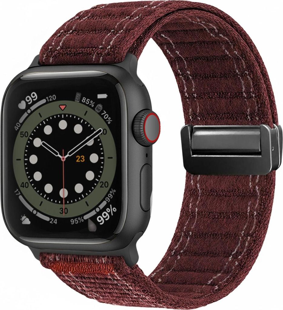 Smartwatch Armband für Apple Watch SE 3 44mm Nylon Textil Band Ersatzband Wechselband Magnetverschluss flexibel atmungsaktiv Rot Weinrot