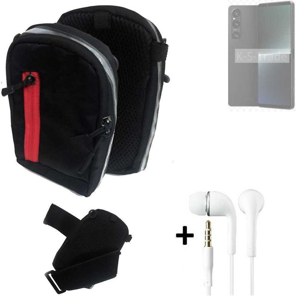 K-S-Trade Outdoor Gürteltasche Holster Umhängetasche + Kopfhörer kompatibel mit Sony Xperia 1 V schwarz Handy Tasche Case travelbag Schutzhülle