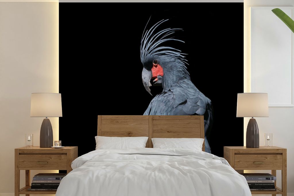 MuchoWow Fototapete für Wohnzimmer oder Schlafzimmer Wandtapete Vinyl Motivtapete Dunkler Kakadu auf schwarzem Hintergrund - 350x350 cm - Schlaf...