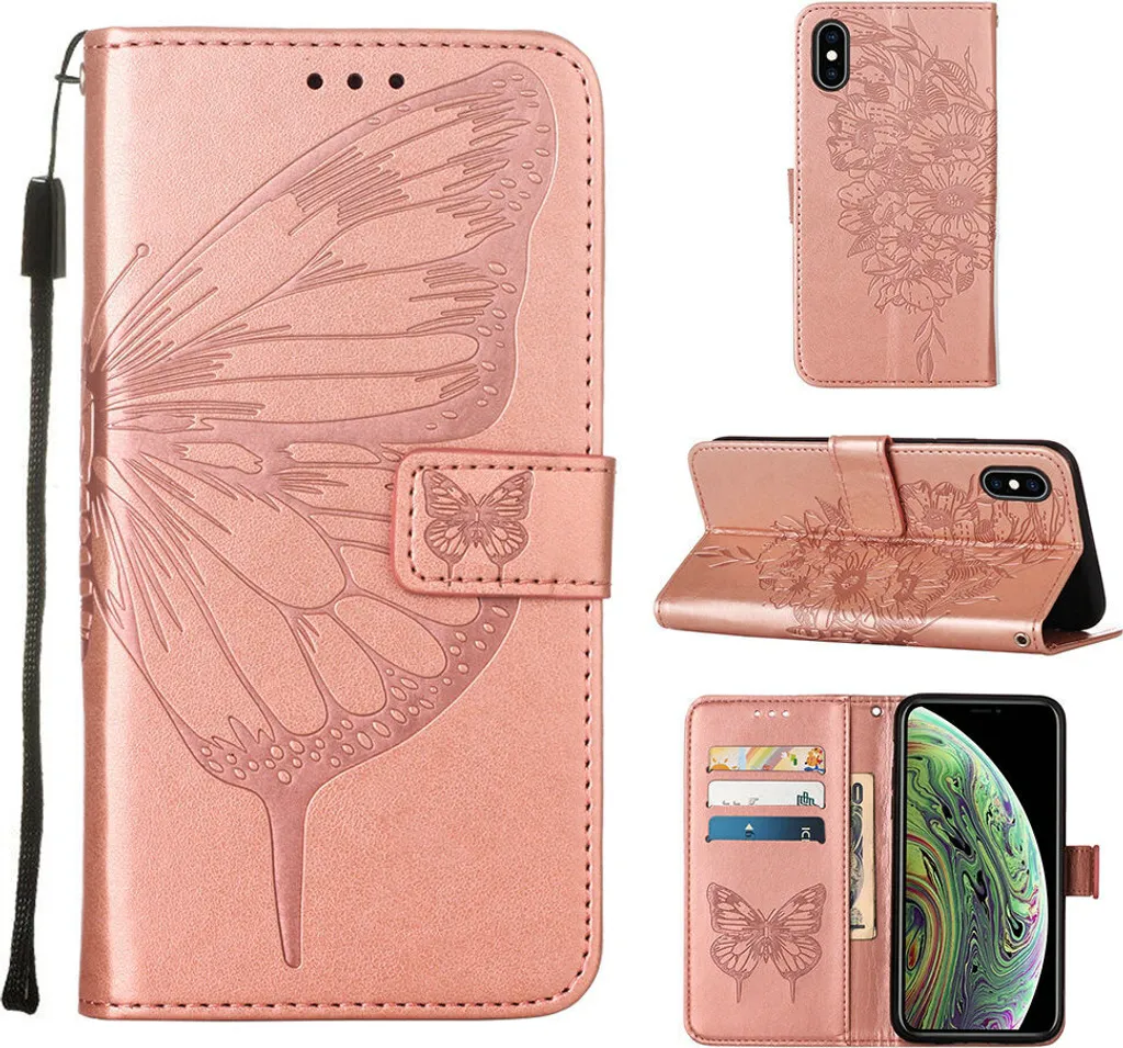 Custodia Pelle iPhone X/XS Oro Rosa Farfalla | Flip Portafoglio