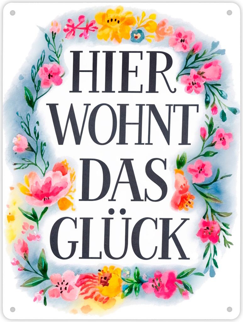 Hier wohnt Glück Metallschild XL in 21x28 cm Blumenkranz