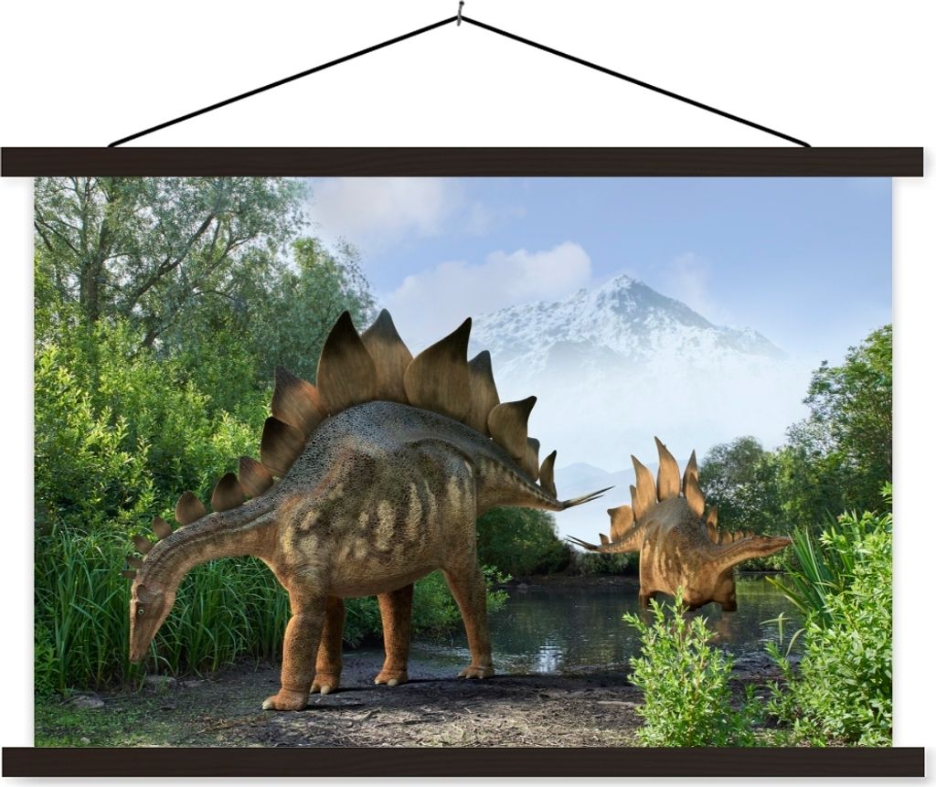 MuchoWow Textilposter Dinosaurier - Berg - Wald - Illustration - Jungen - Kinder - Kleiner Junge 90x60 cm mit schwarzem Rahmen - Aufhängungssatz