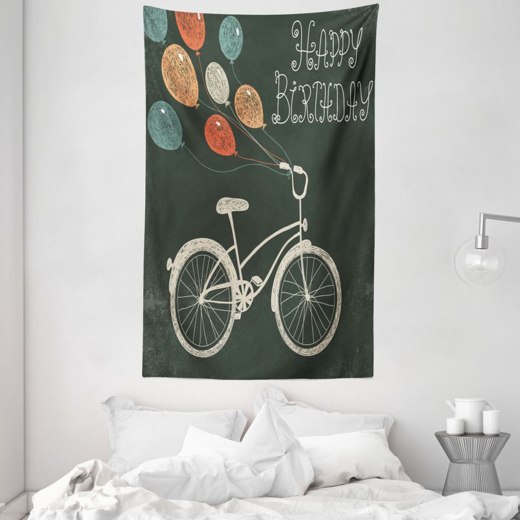 ABAKUHAUS Fahrrad Wandteppich und Tagesdecke, Bike Ballons alles Gute zum Geburtstag aus Weiches Mikrofaser Stoff Waschbar ohne Verblassen Digitald...