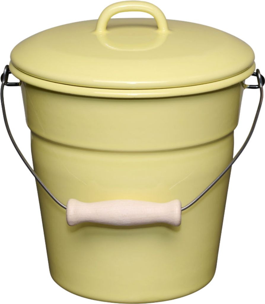 A pale yellow bucket with a lid and a wooden handle is shown against a white background.