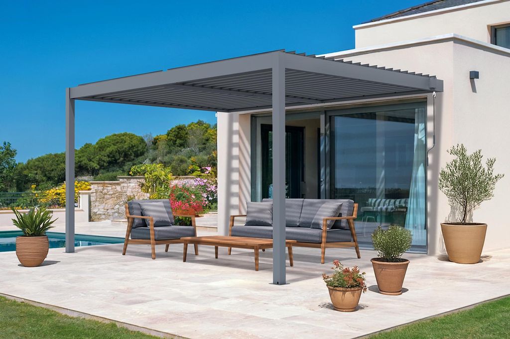 PIANA 4x3m graue bioklimatische Anlehnpergola aus Aluminium Produktbild 