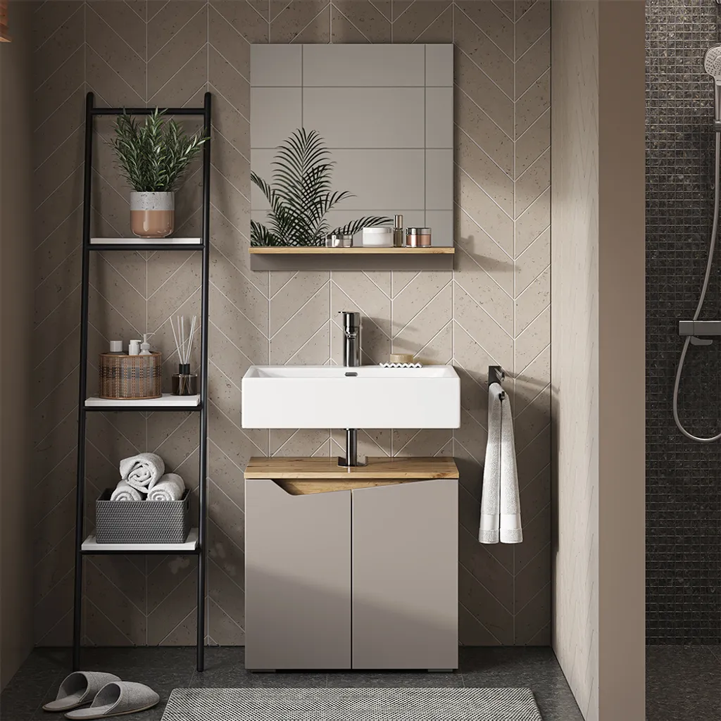 Specchio Contenitore Bagno Marelle Vicco 60x67 cm Rovere e Grigio