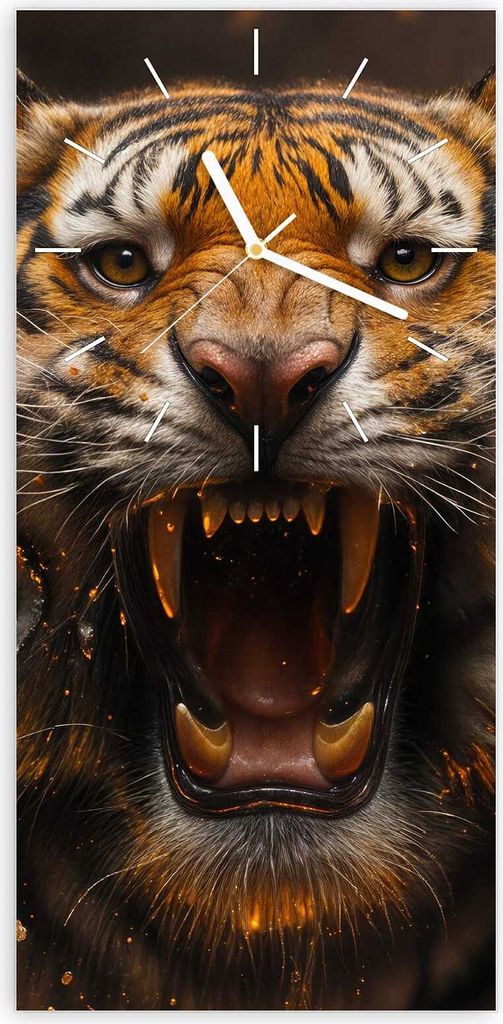 Wanduhr aus Glas mit Motiv Tiger im Feuer- 30 x 60 cm - inkl. Aufhängesystem