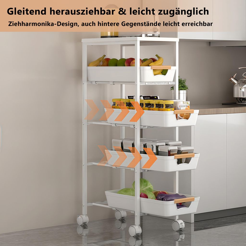 Schmaler 5-stöckiger Küchen-Rollwagen mit Holzplatte