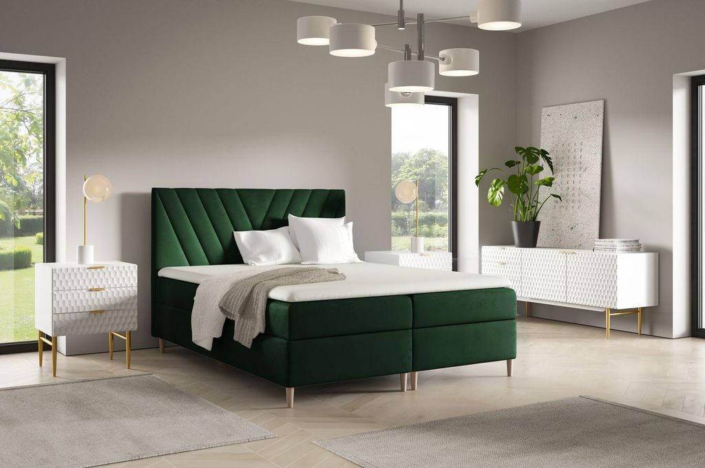 Kontinentales Bett 200x200 ANAMARI - Flaschengrün + GRATIS Matratzenauflage