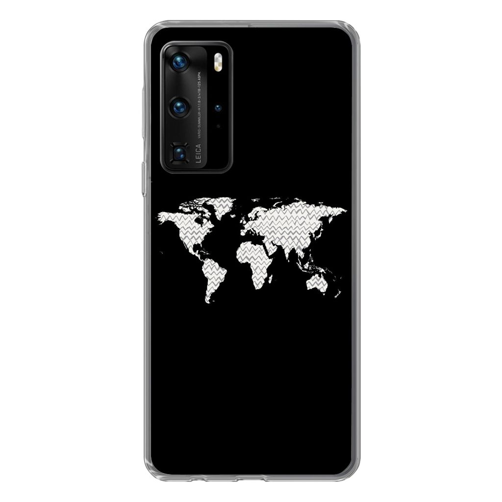 MuchoWow Handyhülle Schutzhülle Hülle für Huawei P40 Pro Weltkarte - Muster - Schwarz Silikon Softcase Handy Hülle - Schutz