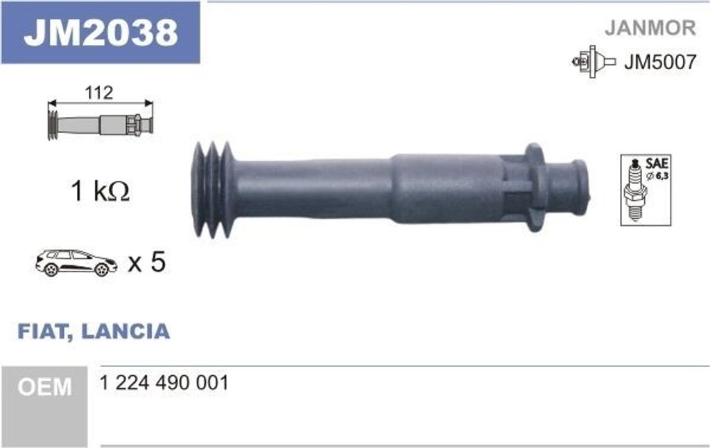 JANMOR Stecker Zündspule JM2038 für FIAT COUPE (FA/175) BRAVO I (182) MAREA Weekend (185) MAREA (185) für LANCIA KAPPA (838A) 112mm