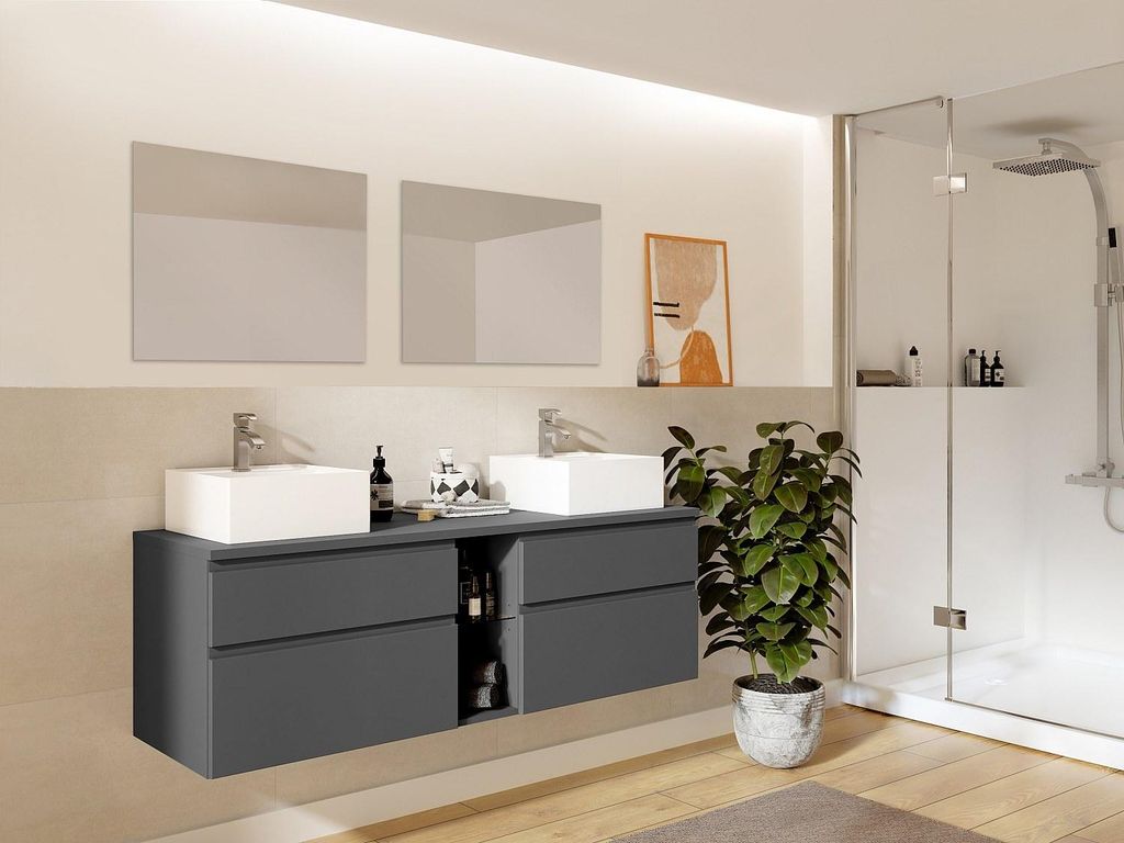 Waschbeckenunterschrank hängend mit Doppelwaschbecken und Spiegeln - Grau - 150 cm - MAGDALENA II