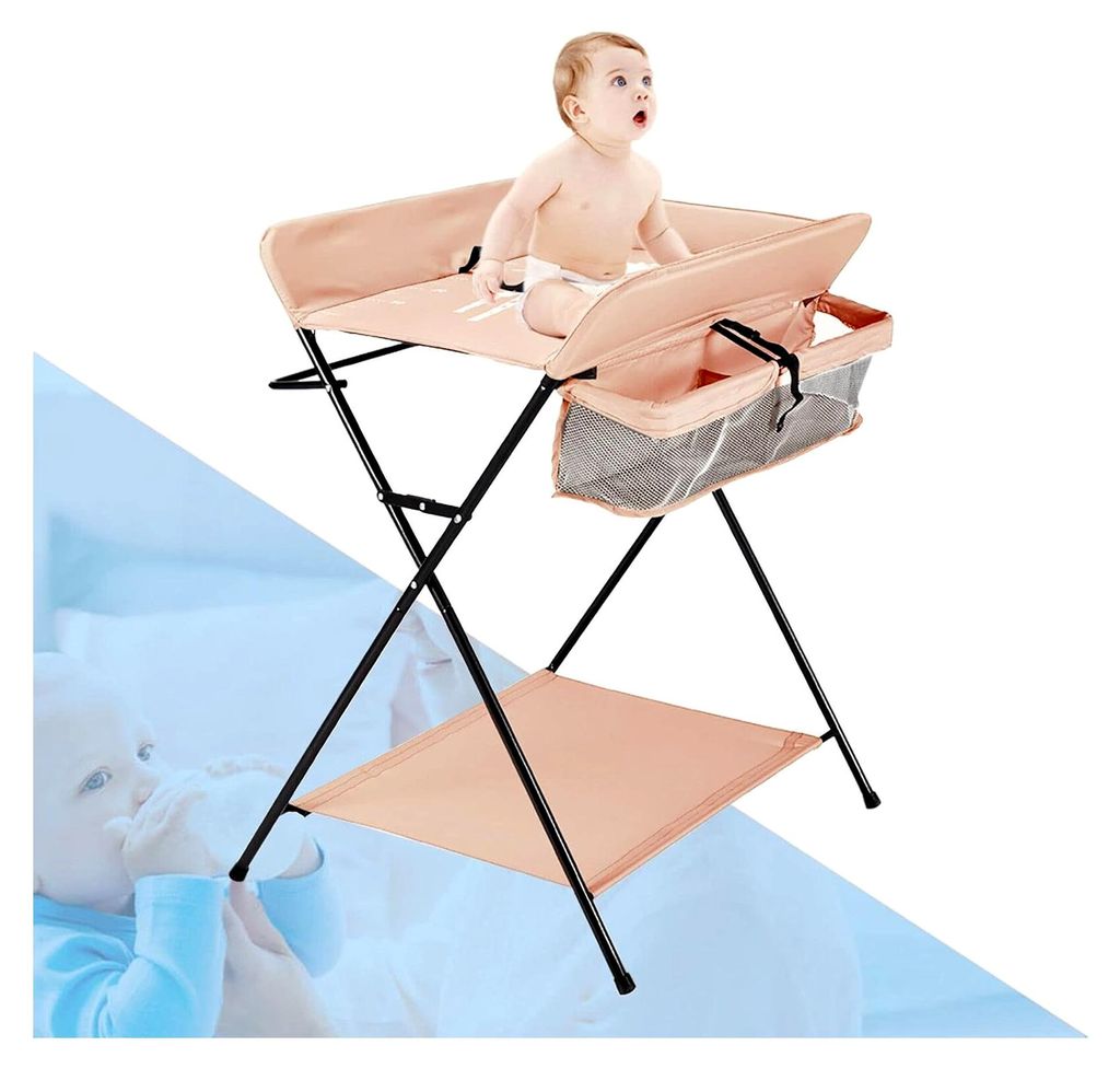 Baby Wickeltisch Wickelkommode, Wickelkombi Klappbare Mobiler, mit Wickelauflage, Sicherheitsgurt und Ablagefächern