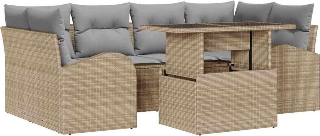 vidaXL Garten-Sofa-Set mit Kissen mit Speicher 7 pcs Beige Poly Rattan
