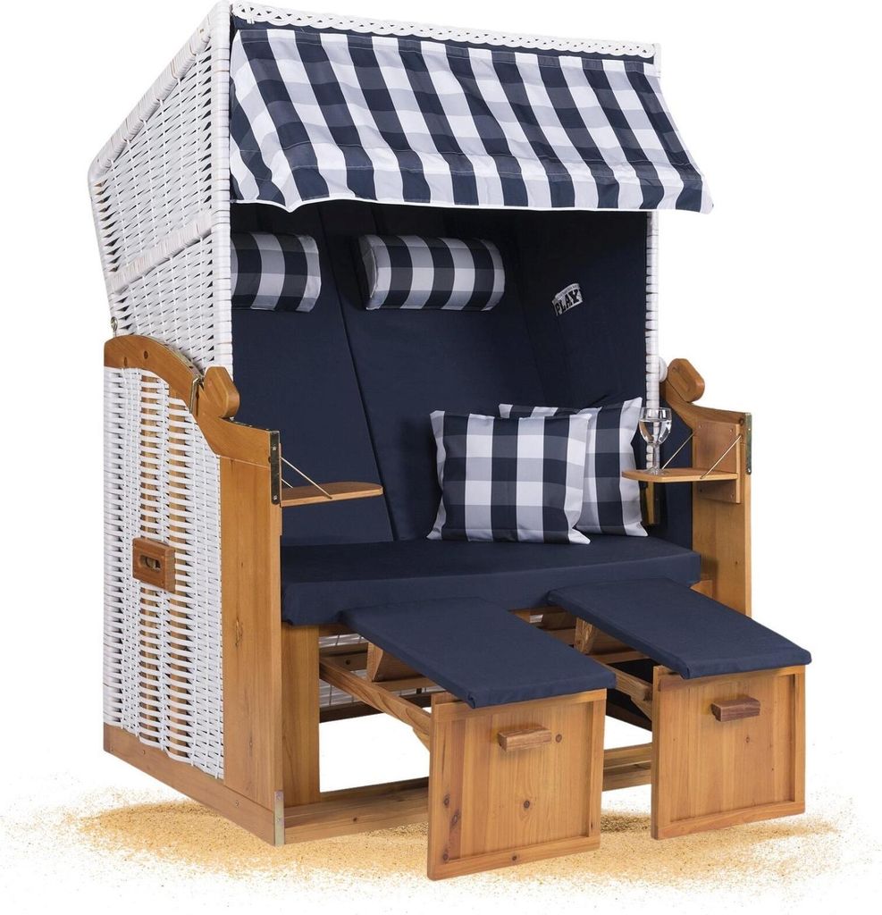 Strandkorb Hanse Ostsee XXL Strandkorb Volllieger 2 Sitzer aufgebaut - 120cm breit - Weiß Blau Kariert Uni, ideal für Garten, Terrasse oder Balkon