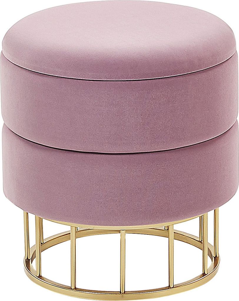 BELIANI Pouf mit Stauraum Rosa Samt Gepolstert Gesteppt Rund 37 cm Goldenes Metallgestell Moderner Sitzhocker für Wohnzimmer Schlafzimmer Flur