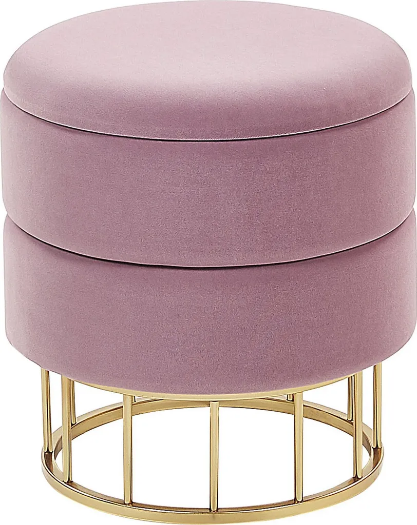 Pouf coffre en velours rose poudré et base dorée pour la chambre