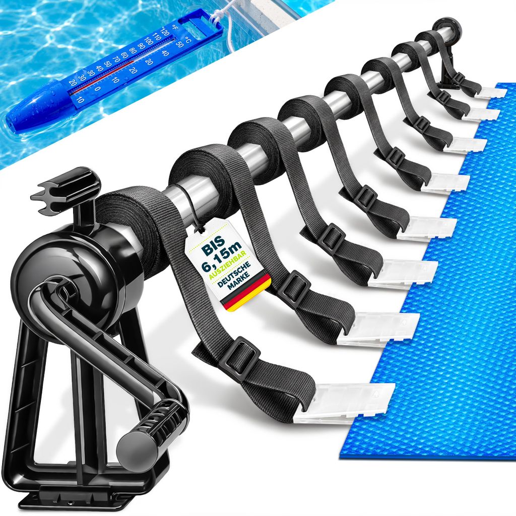 tillvex Pool Aufroller Premium 1,05-6,15 m inkl. Thermometer & Bänder | Aufrollsystem für Solarplane | Mobile Aufrollvorrichtung für Poolplane &...