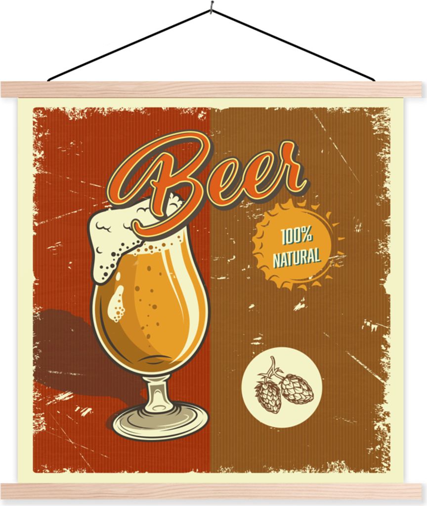 MuchoWow Textilposter Mannshöhle - Bier - Rot - Vintage 60x60 cm mit holzfarbenen Rahmen - Wanddekoration