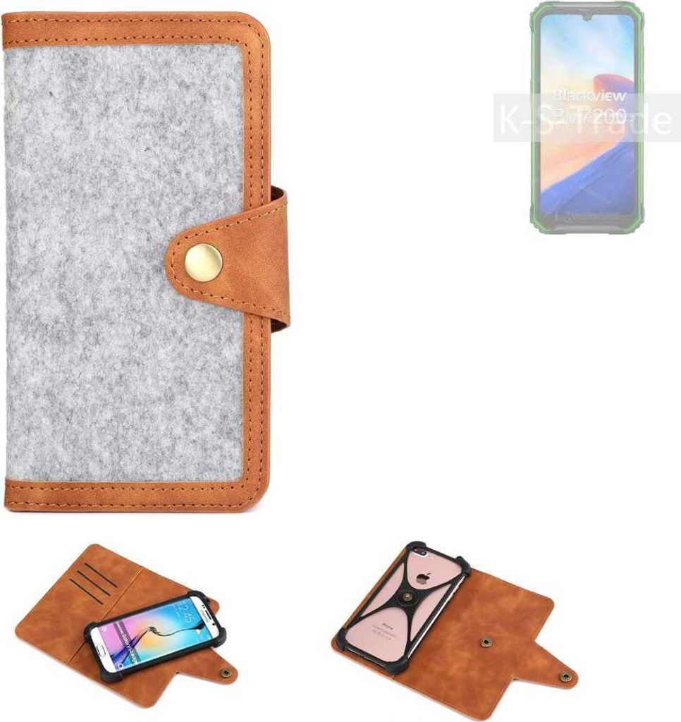 K-S-Trade Handyhülle kompatibel mit Blackview BV7200 Schutzhülle Filz-Hülle Kunst-Leder hellgrau braun (1x)