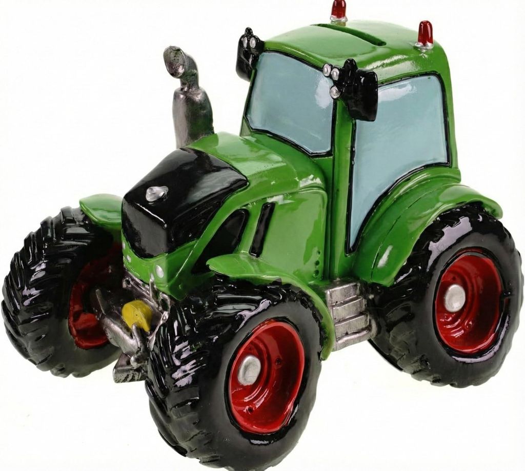 Grünes Traktor-Sparschwein – Großes, handbemaltes Sparschwein (13 x 17 x 17 cm) – Detailgetreuer Traktor mit Gummiverschluss