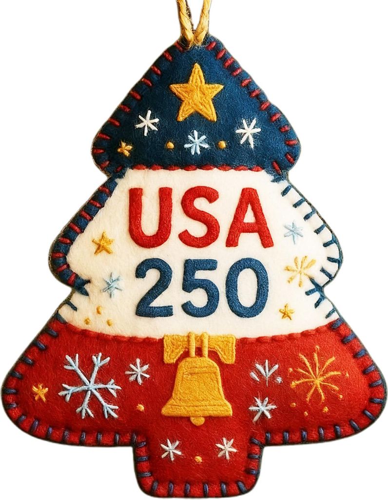 Handgefertigter Weihnachtsbaumschmuck aus Filz zum 250. Jahrestag der USA, bestickter Filzschmuck, Weihnachtsbaumdekoration