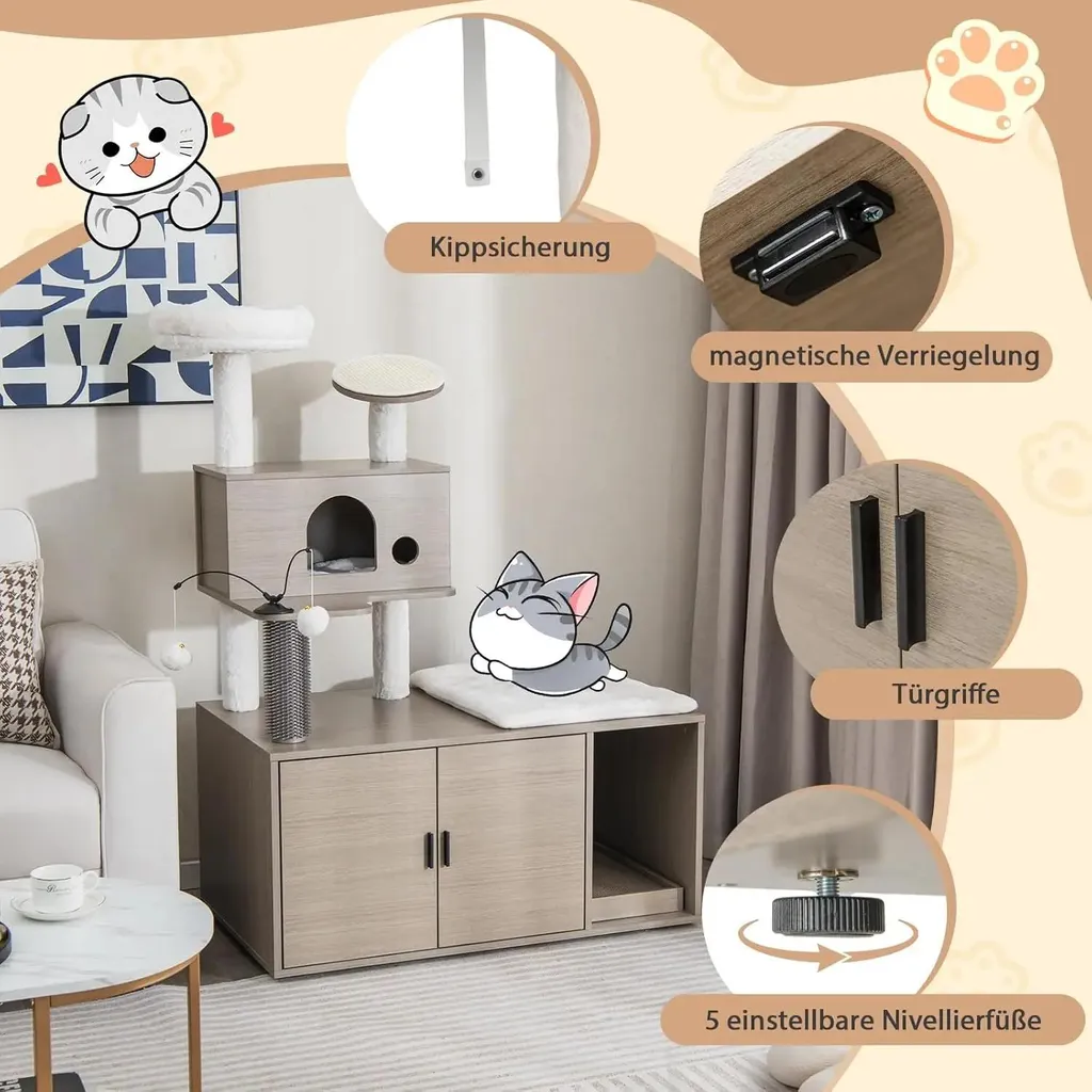Arbre à chat en bois 132 cm avec colonnes en sisal et panier douillet gris