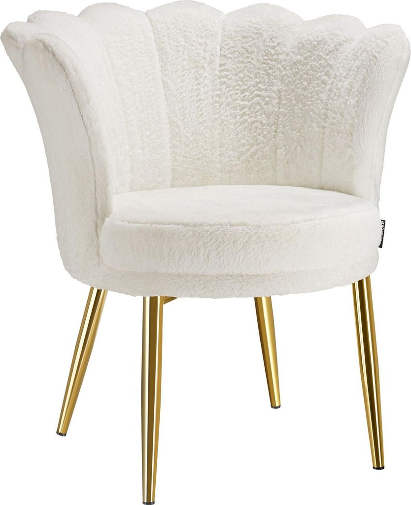 A white, fluffy armchair with gold legs against a white background.