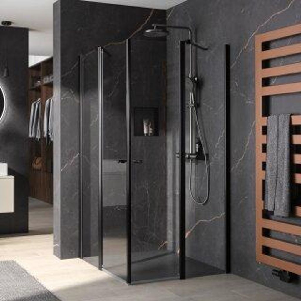 HSK 4825014-1-600 Exklusiv 2.0 Eckeinstieg Pendelbar 4-teilig 800x800x2000mm Alu Silber-Matt Mattglas mit Edelglas-Beschichtung