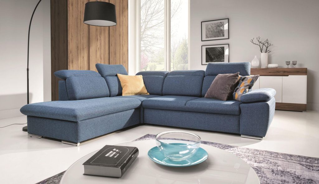 Masseno Ecksofa ROSSI mit Schlaffunktion L-Form, Sofa mit Bettkasten, Wohnzimmersofa, Couch, Soffa, Bettsofa, Couchgarnitur- Blau, RINO 79