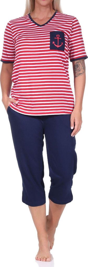 Maritimer Damen kurzarm Capri Schlafanzug, Oberteil mit Anker Motiv, auch in Übergrössen ; rot , 36-38