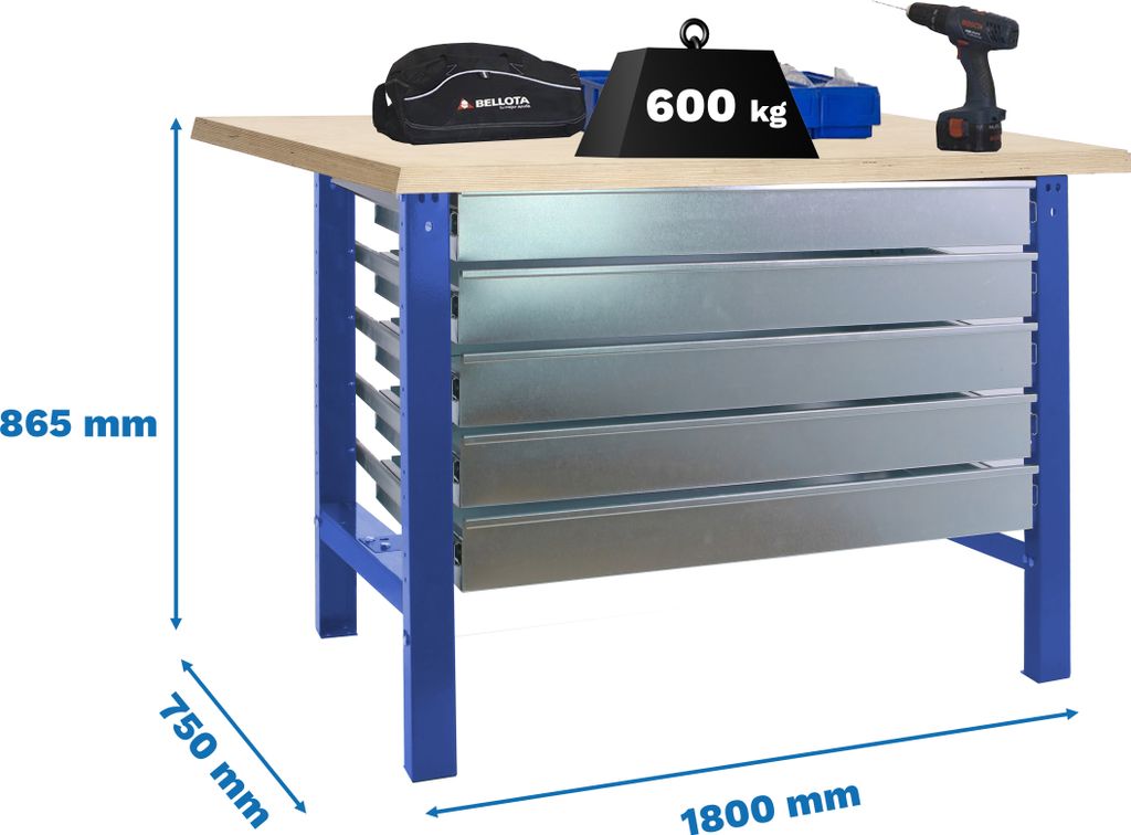 SIMONWORK BT6L MDF 5BOX 1800x750 BLAU/MADEIRA Werkbank mit Parafuses