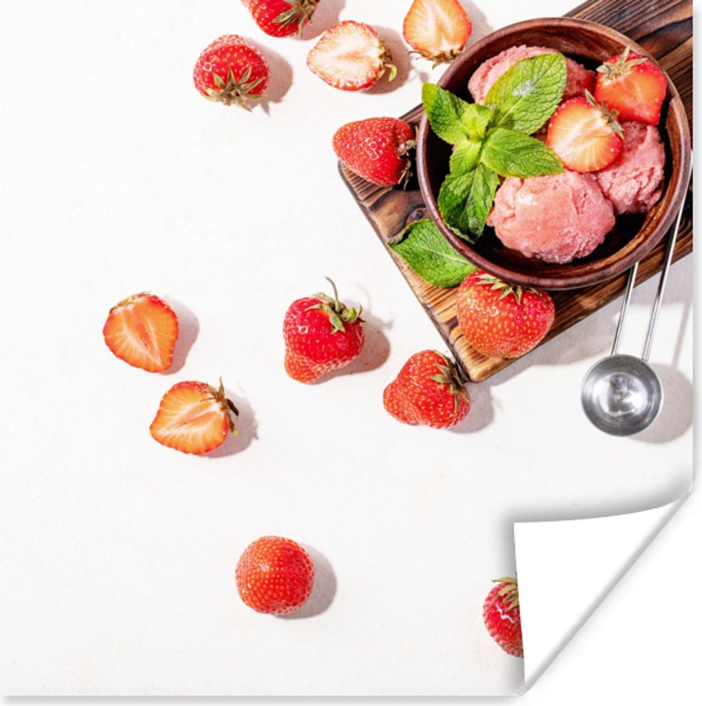 MuchoWow Poster Erdbeere - Früchte - Kräuter - Eiszange 100x100 cm - Babyzimmer