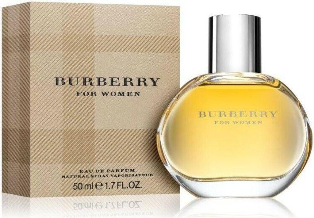 A bottle of Burberry for Women Eau de Parfum and its packaging are displayed.