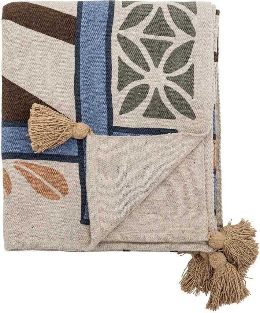 Bloomingville Decke RUDAUR Natur Blau Rot mit Quasten in Beige Wolldecke Plaid