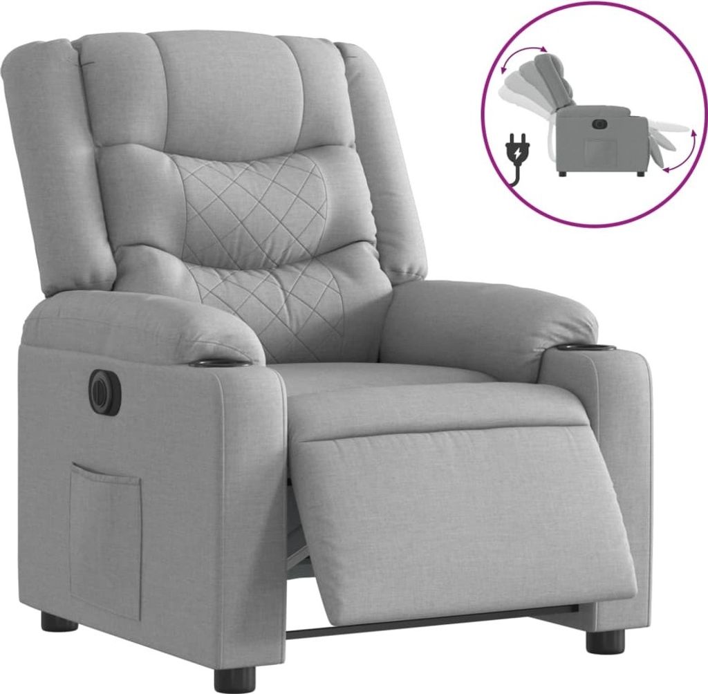 A light gray fabric recliner chair with a footrest extended and a diagram showing its reclining function.