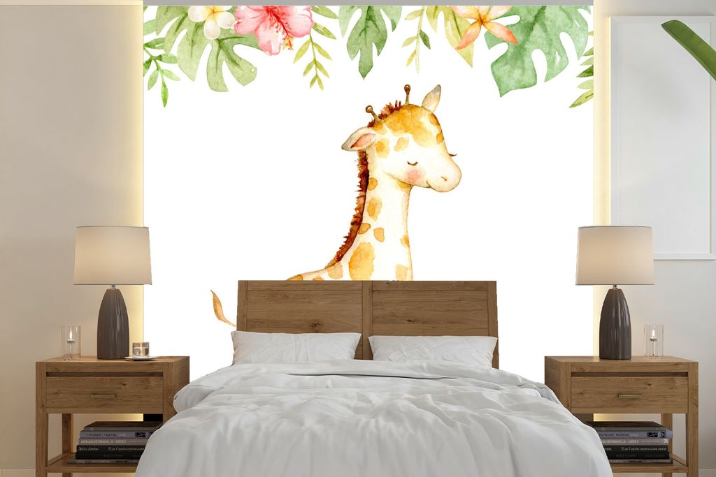 MuchoWow Fototapete für Wohnzimmer oder Schlafzimmer Wandtapete Vinyl Motivtapete Giraffe - Aquarell - Dschungel - 280x280 cm - Hintergrundbild