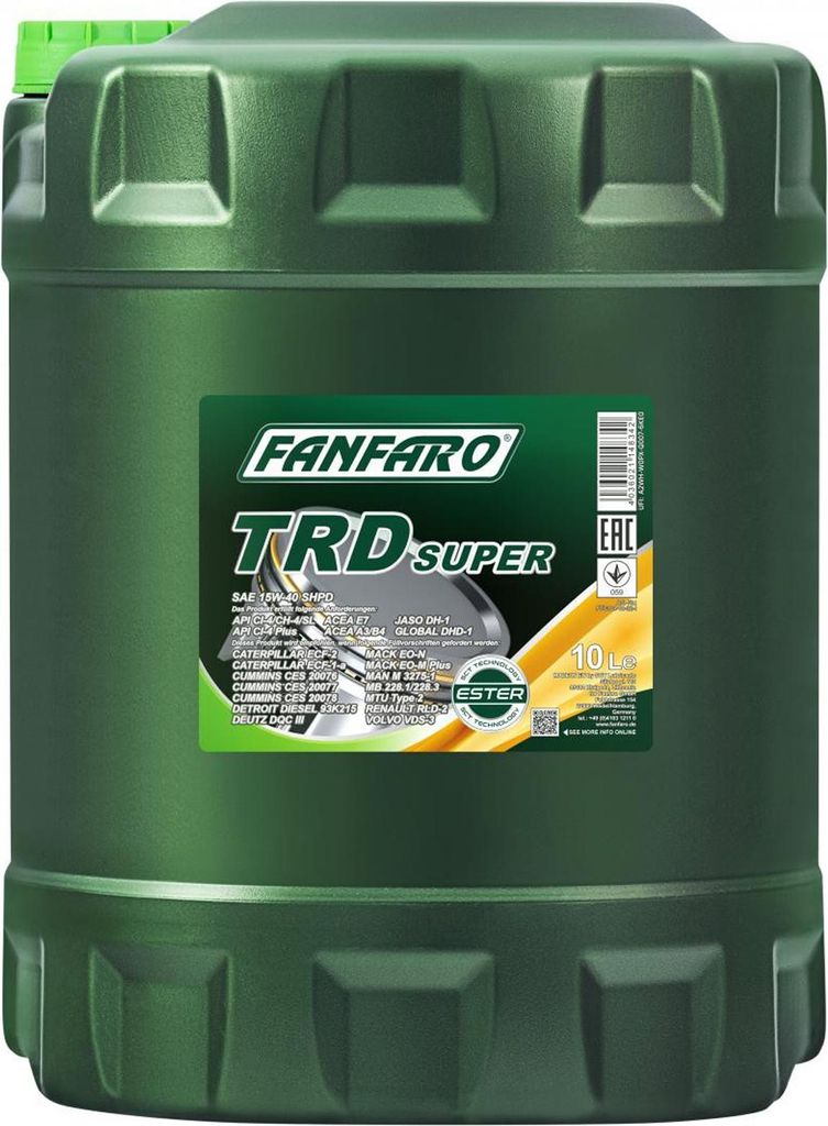 FANFARO SHPD TRD Super für 15W-40 10 Liter Motoröl Motorenöl GLOBAL DHD-1 CATERPILLAR ECF-2 CATERPILLAR ECF-1-A CUMMINS CES 20078 DDC PGOS 93K21...