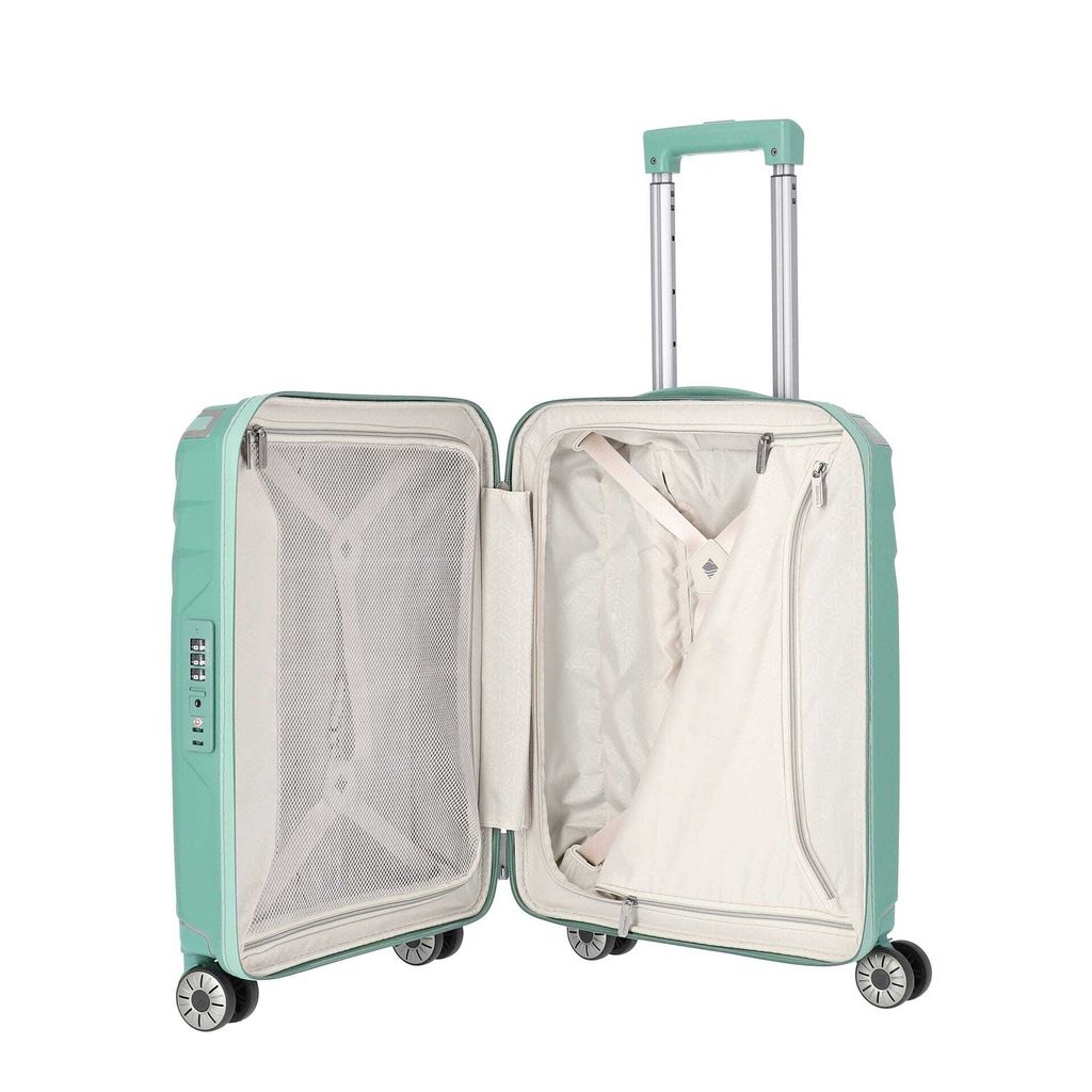 An open mint green suitcase with a white interior, shown against a white background.