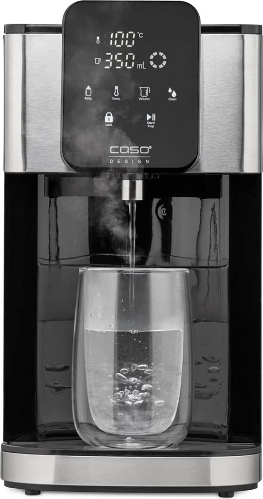 A close-up shot of a CASO HW 1660 Turbo hot water dispenser with steam rising from the spout into a glass.