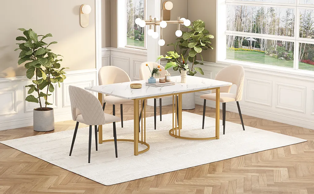 Sweiko 140 x 80cm tavolo da pranzo, (1-St), tavolo da cucina moderno, struttura in metallo tavolo da pranzo rettangolare in marmo moderno tavolo da cucina con gambe regolabili per sala da pranzo soggiorno, bianco / oro - 2