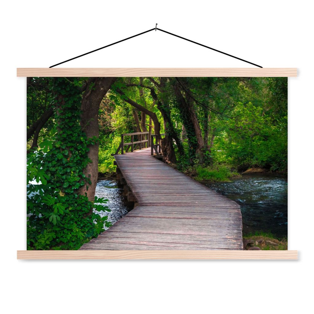 MuchoWow Textilposter Wald - Natur - Brücke 150x100 cm mit holzfarbenen Rahmen - Posters