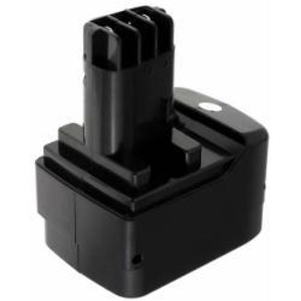 A black battery pack for a power tool, shown from a slightly elevated angle against a white background.
