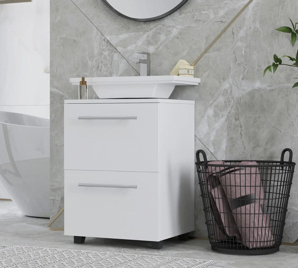 Badezimmerschrank, Waschbecken-Kommode mit Schublade, kompakt, Weiß