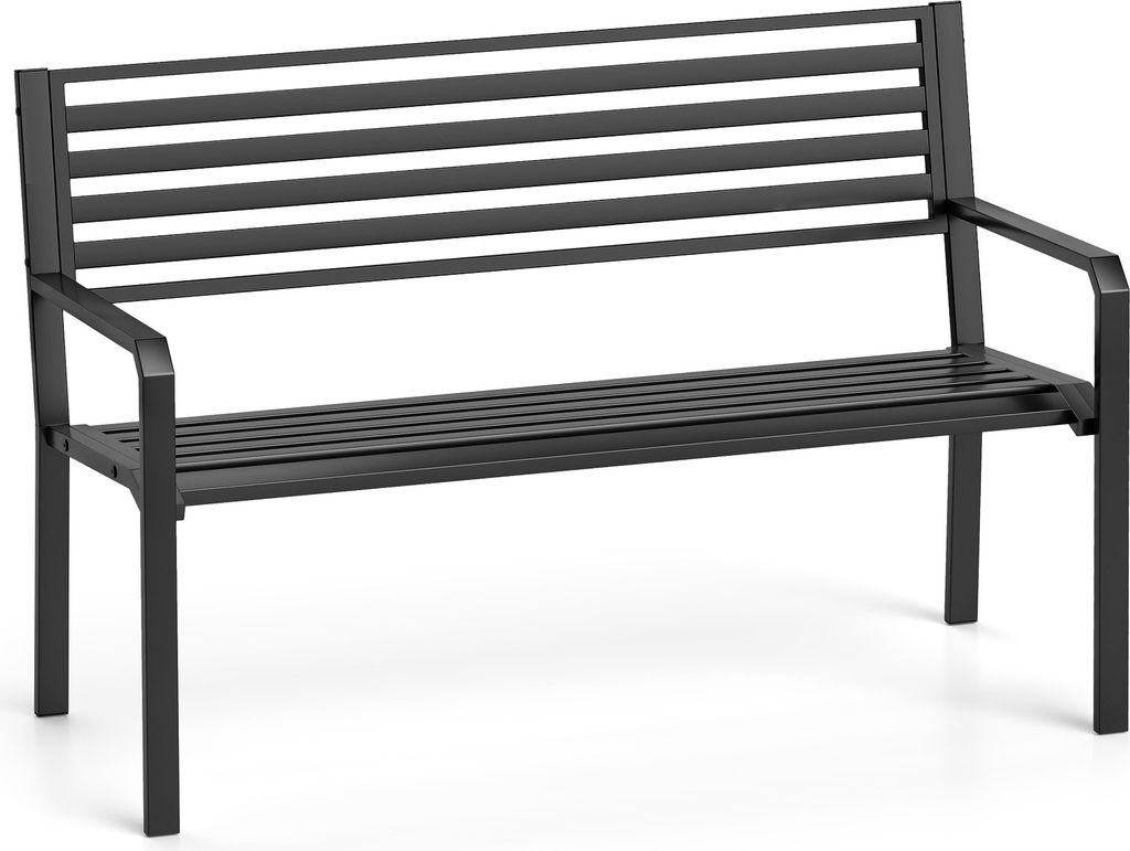 A black metal park bench with a slatted seat and backrest, shown from a front-facing angle on a white background.